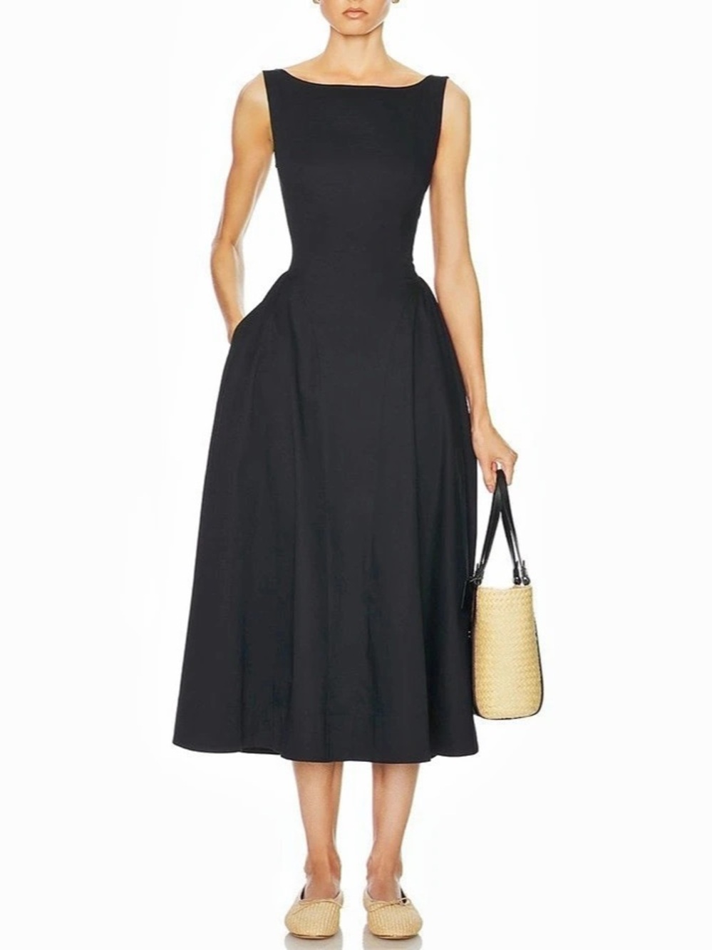 Helsa Stretch Cotton Sateen Midi Dress in Black